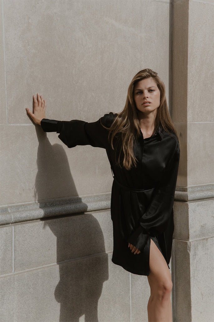 Kathryn shirt dress in black silk charmeuse