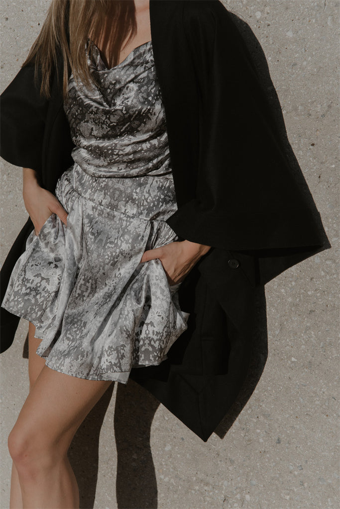 Pippa mini skirt in Respair silver print, styled with Grace cami and Gigli wrap