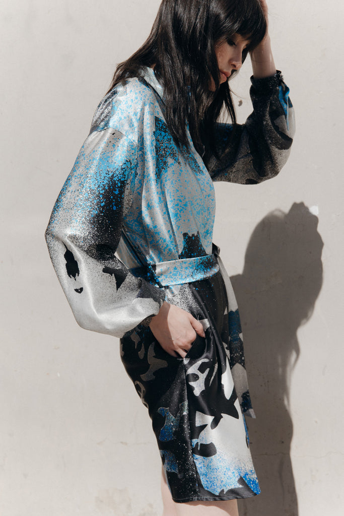 Blue Inferno print in silk charmeuse