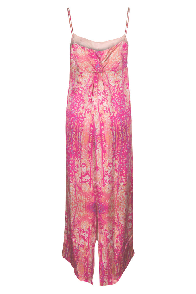 Back view, Sienna in silk charmeuse with back twists and back split