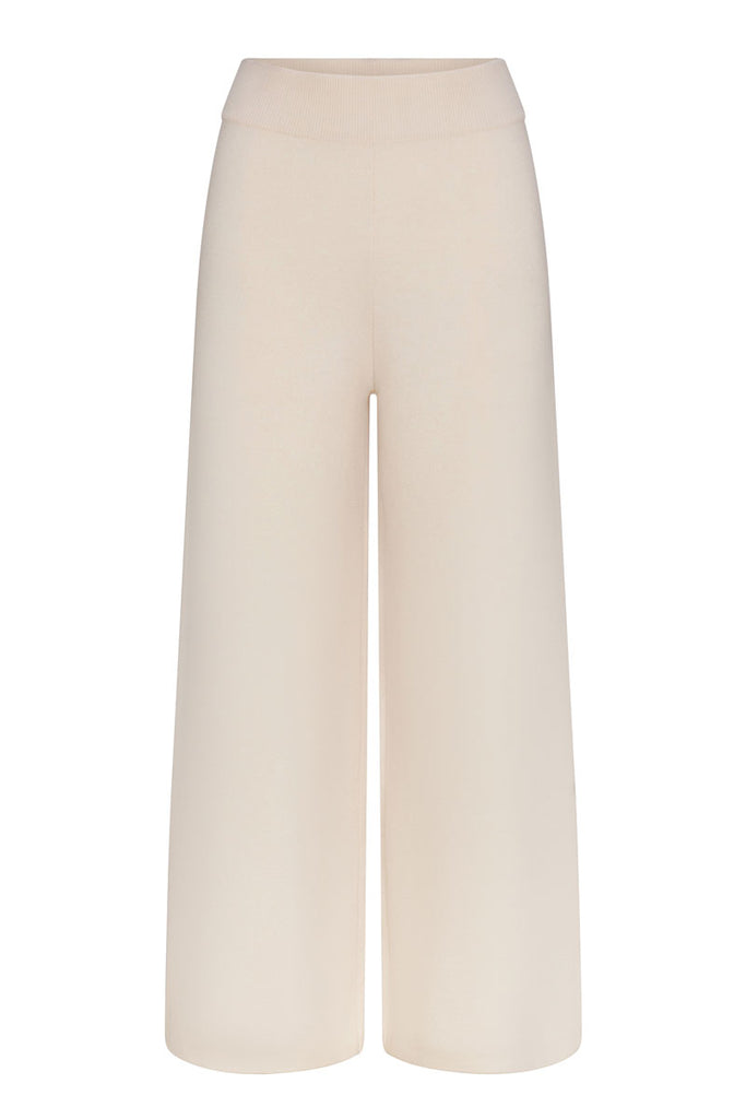 front view: ivory jacquard merino wool pants