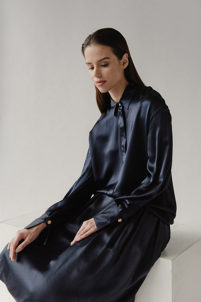 Amelia shirt featuring metal buttons and concealed placket, and French cuffs