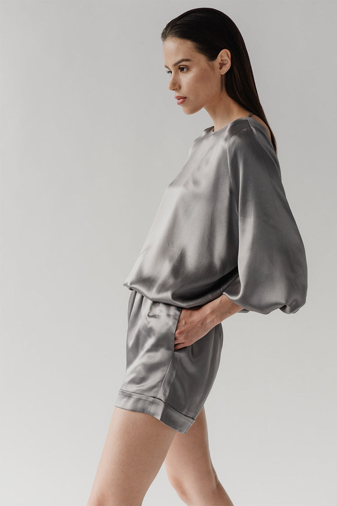 Bee playsuit in nickel silk satin back crepe