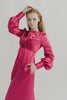 Austen in magenta silk charmeuse with front twist, side pockets and deep cuffs