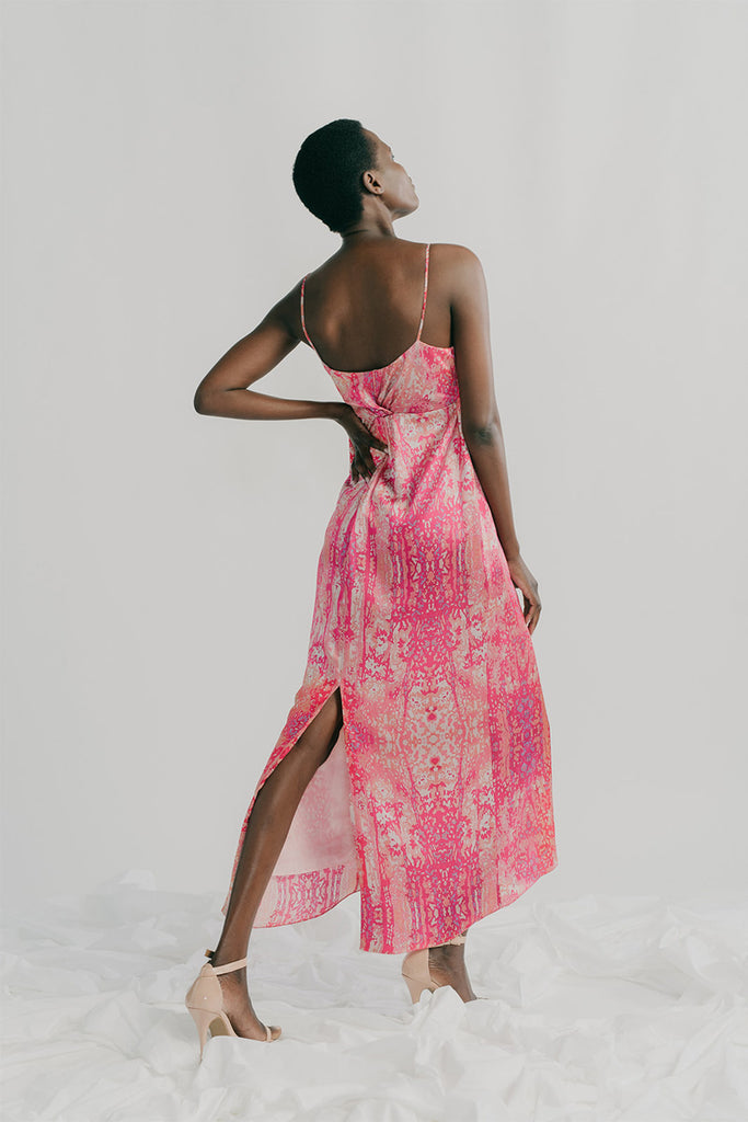 Back view, Sienna camisole dress in silk charmeuse