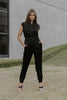 Boudica tuxedo-style track pant in black silk charmeuse, worn with Lucie top