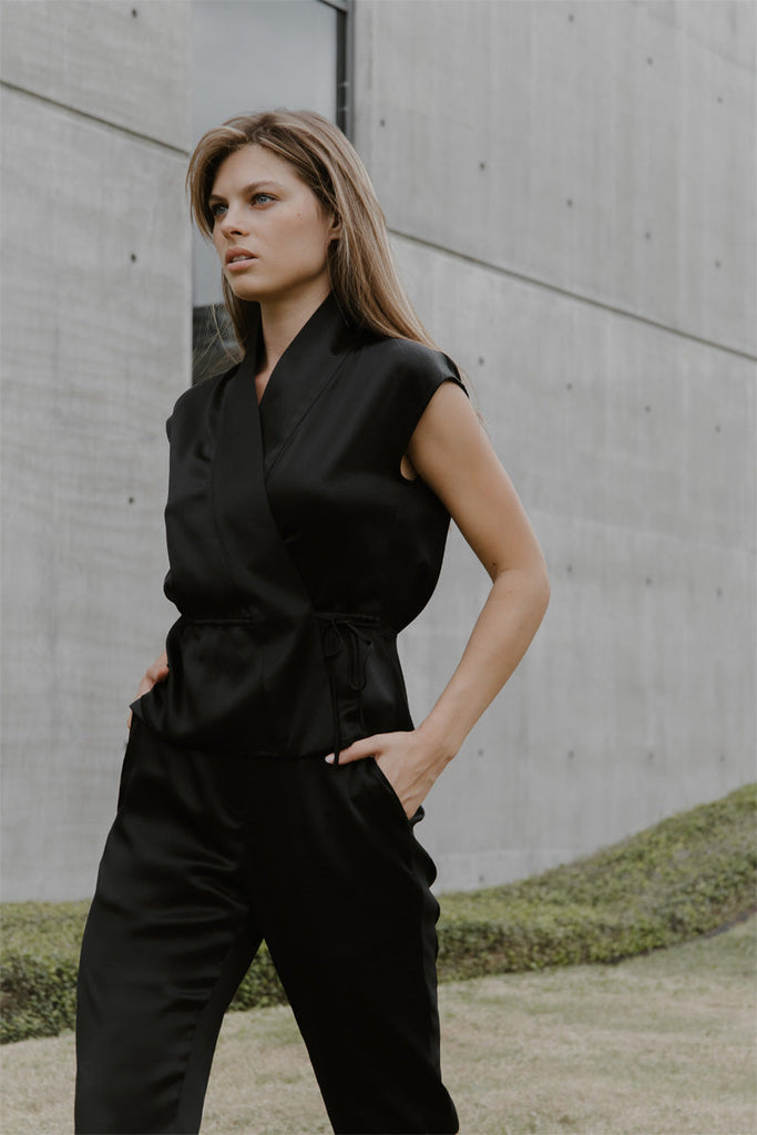 Lucie sleeveless wrap in black silk charmeuse