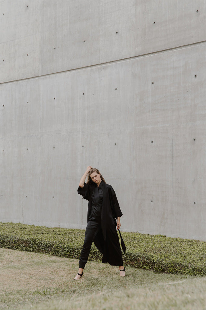 Chiyo in black, styled with Lucie top and Boudica track pant in silk charmeuse