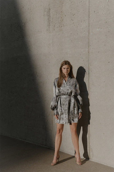 Kathryn shirt dress in Respair silver print, in silk charmeuse