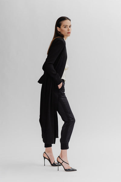 Boudica silk charmeuse track pant shown with Daphne long jacket