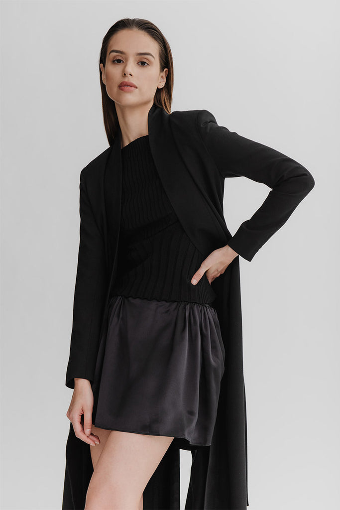Pippa mini skirt in black silk charmeuse styled with the Daphne full length jacket