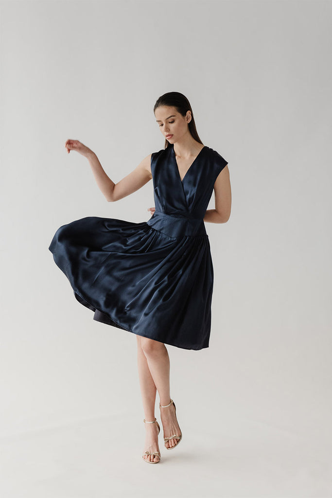 Ines dress in navy silk charmeuse