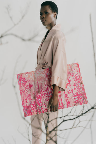 Sayuri jacket with Hepburn pant in nude wool crepe featured with a print of Respair art by Adam Ball