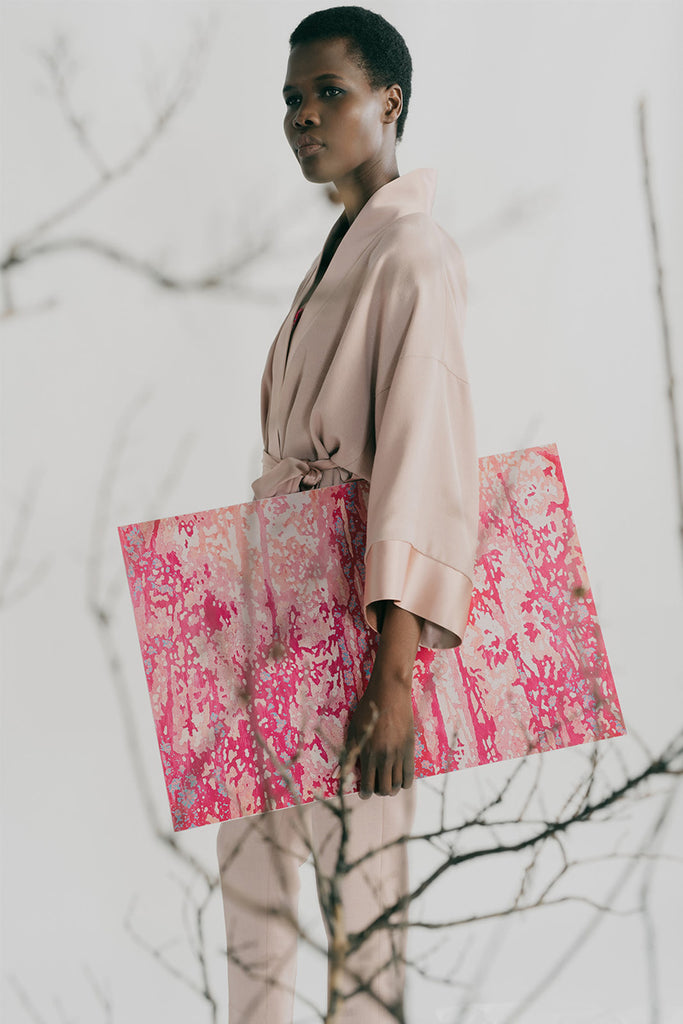 Sayuri jacket with Hepburn pant in nude wool crepe featured with a print of Respair art by Adam Ball