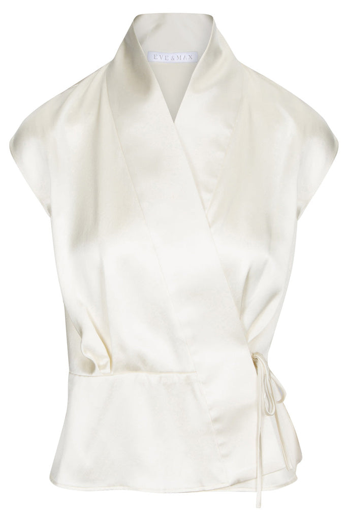 Lucie sleeveless wrap top in ivory silk satin back crepe