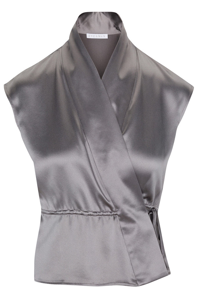 Lucie kimono-style wrap top in nickel silk satin back crepe