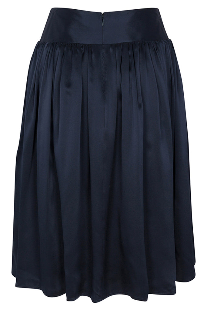 Back view, Kouka navy skirt in silk charmeuse