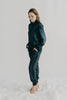 Boudica tuxedo track pant in navy cupro cotton, paird with Amelia in navy silk charmeuse