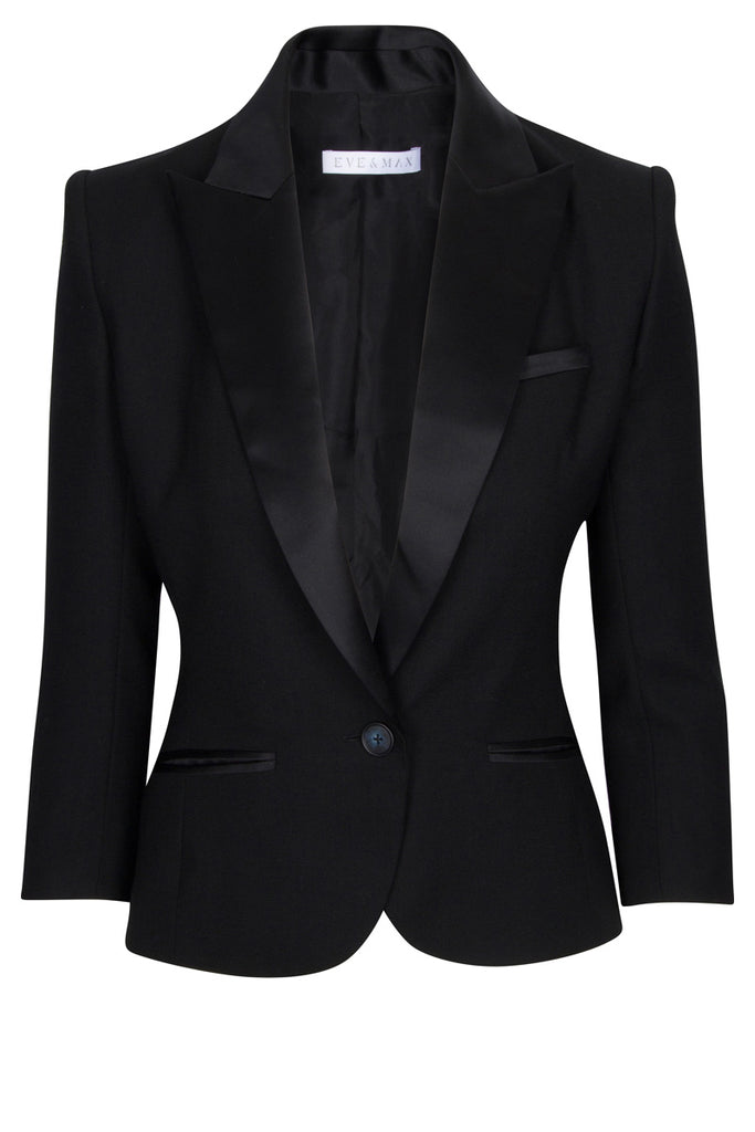 The H jacket in black wool crepe with silk satin trim